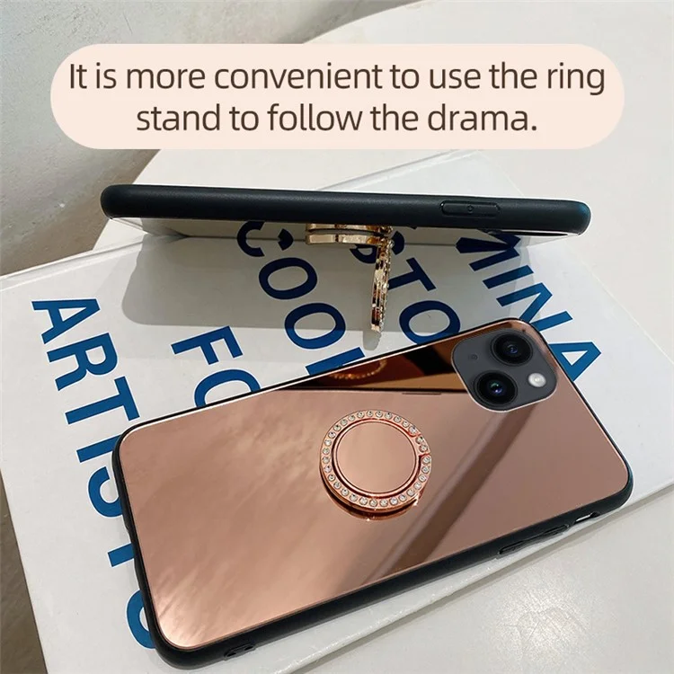 For iPhone 15 Case Mirror Surface TPU + PC Phone Back Cover with Ring Kickstand - Silver