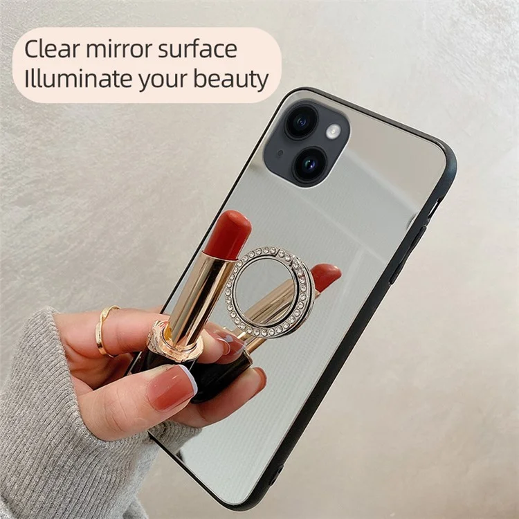 For iPhone 15 Case Mirror Surface TPU + PC Phone Back Cover with Ring Kickstand - Silver