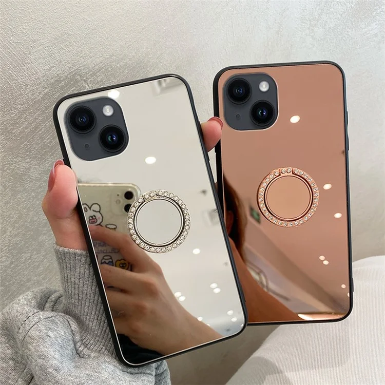 For iPhone 15 Case Mirror Surface TPU + PC Phone Back Cover with Ring Kickstand - Silver
