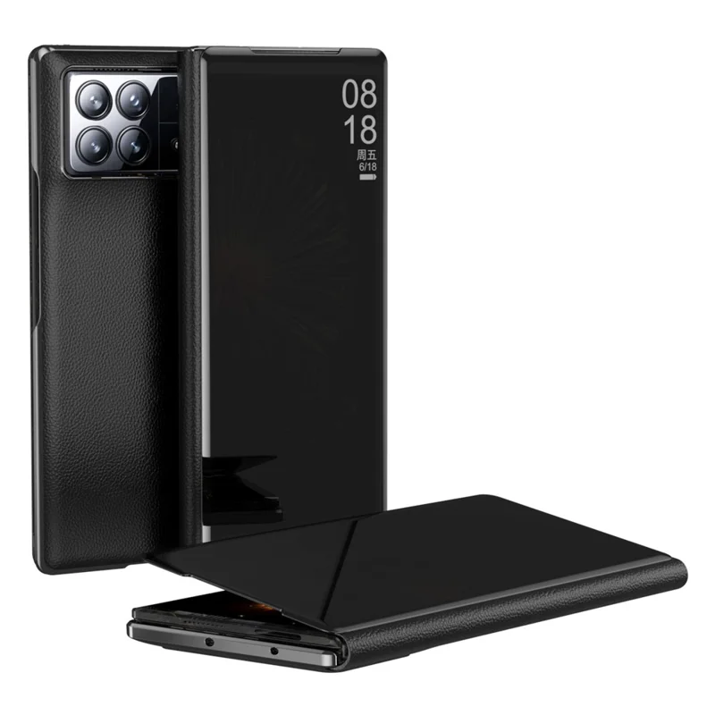 For Xiaomi Mix Fold 3 5G Case PU Leather Mirror Surface View Smart Window Phone Cover - Black