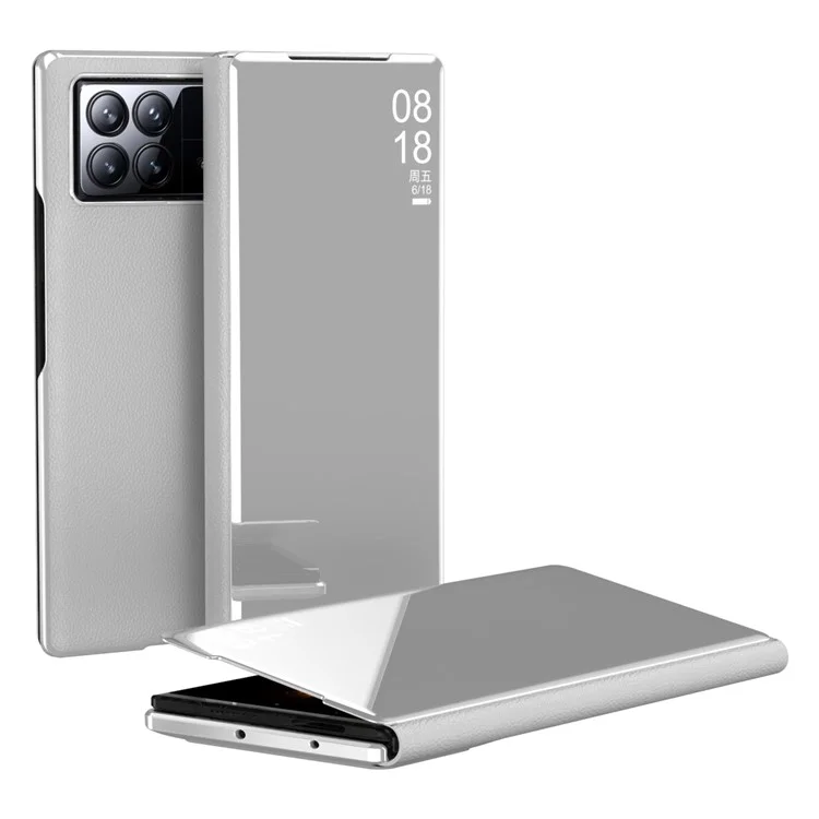 Para Xiaomi Mix Fold 3 5G Case PU Leather Mirror Surface View Smart Window Phone Cover - Prata