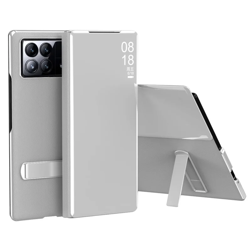 Para o Xiaomi Mix Fold 3 5G Capa Superfície em Espelho Couro PU Janela de Visualização Suporte de Kickstand Capa de Telefone - Prata