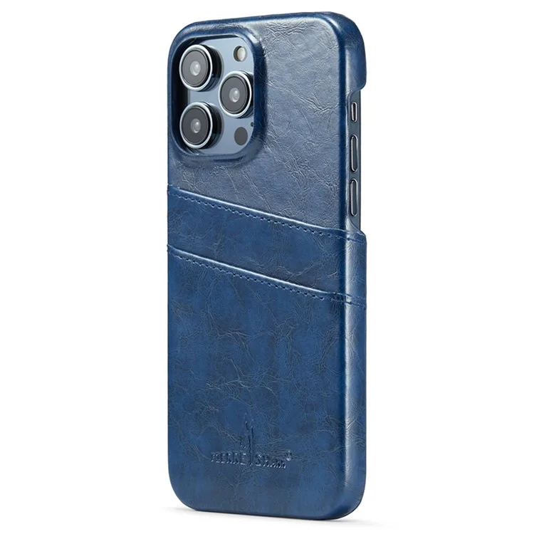 FIERRE SHANN For iPhone 15 Pro Case Waxy PU Leather+PC Card Holder Phone Cover - Blue