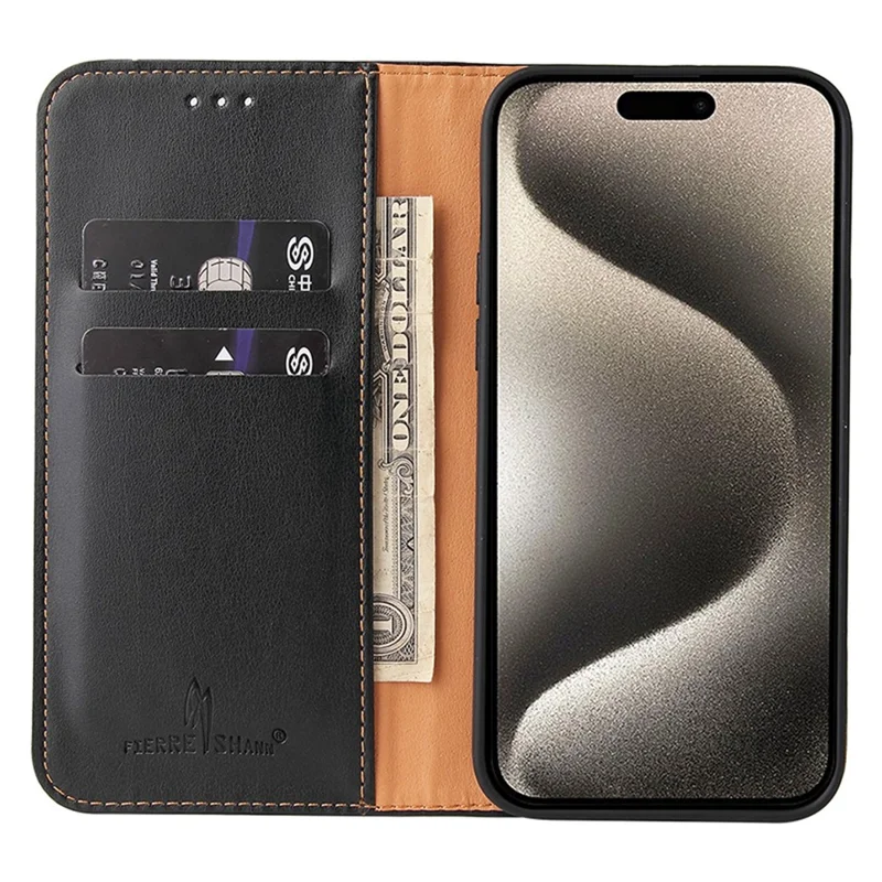 FIERRE SHANN til iPhone 15 Pro etui med magnetisk automatisk lukning i PU-læder - Sort