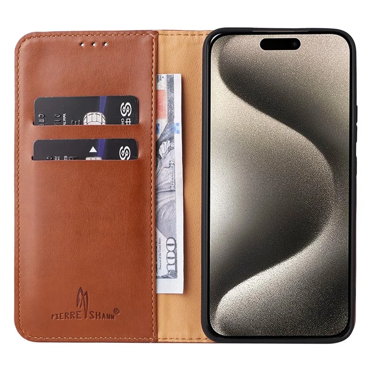 FIERRE SHANN Für iPhone 15 Ständer Geldbörse PU Leder Handyhülle - Braun