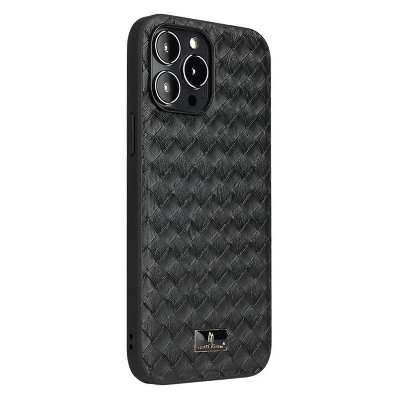 FIERRE SHANN For iPhone 15 Pro Case Hardware Decor Leather+TPU Anti-drop Phone Cover - Woven Pattern