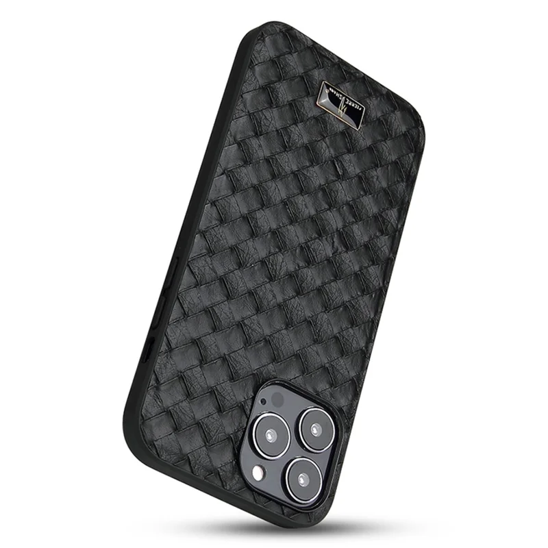 FIERRE SHANN For iPhone 15 Pro Case Hardware Decor Leather+TPU Anti-drop Phone Cover - Woven Pattern