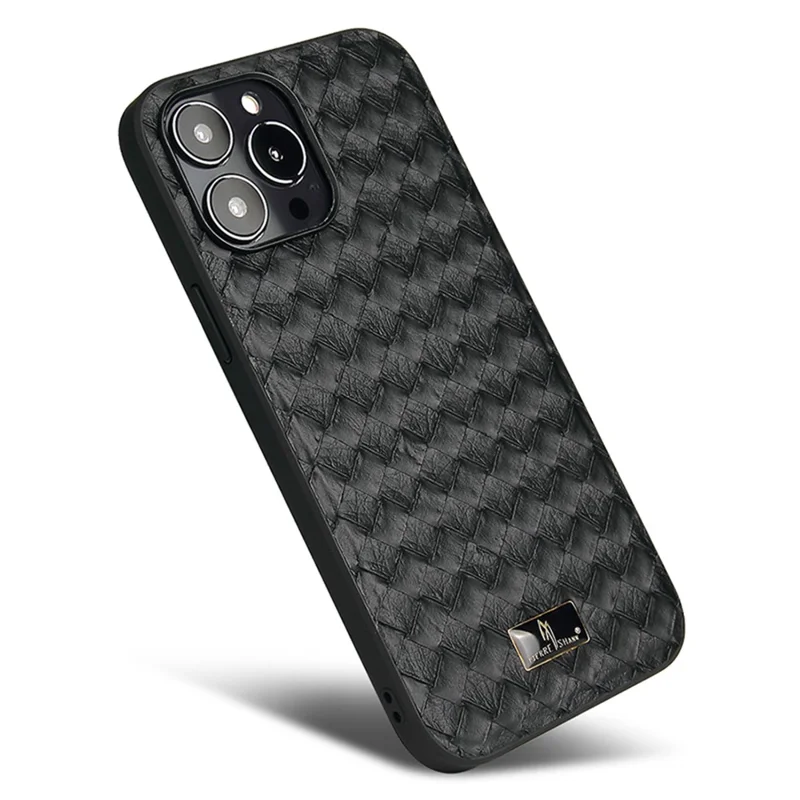 FIERRE SHANN For iPhone 15 Pro Case Hardware Decor Leather+TPU Anti-drop Phone Cover - Woven Pattern