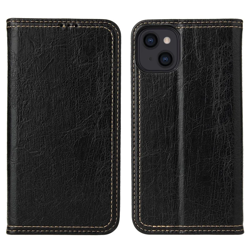 For iPhone 15 Case Anti-scratch Tree Texture PU Leather Stand Phone Cover Wallet - Black
