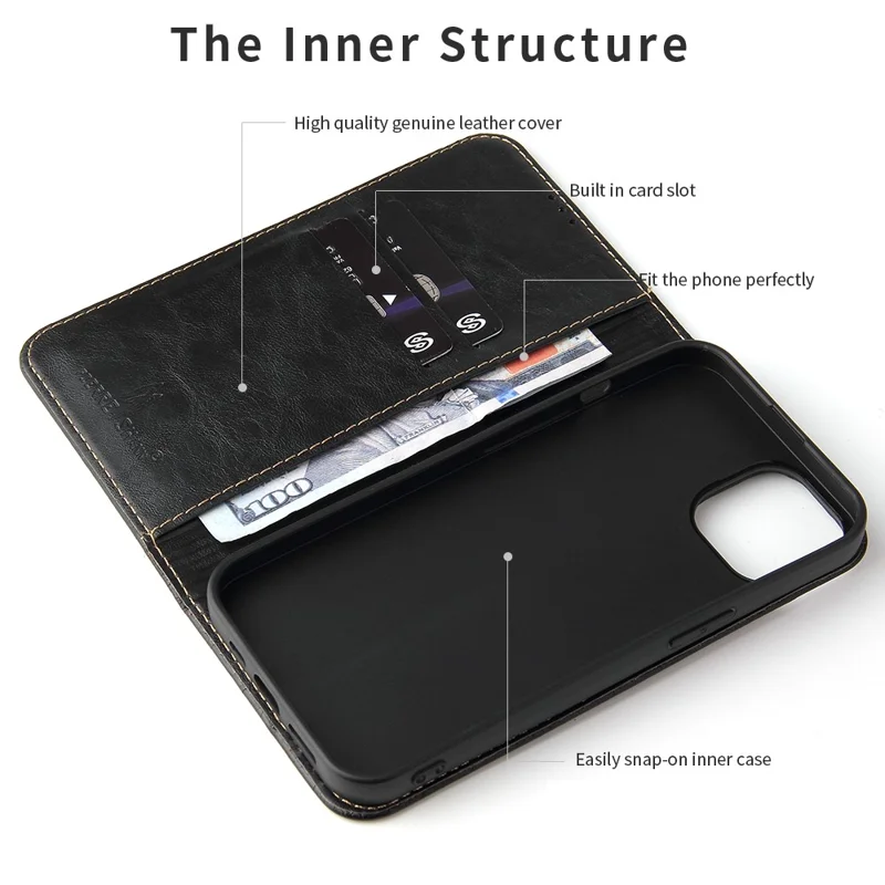 For iPhone 15 Case Anti-scratch Tree Texture PU Leather Stand Phone Cover Wallet - Black