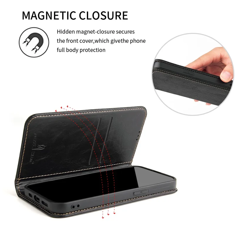 For iPhone 15 Case Anti-scratch Tree Texture PU Leather Stand Phone Cover Wallet - Black