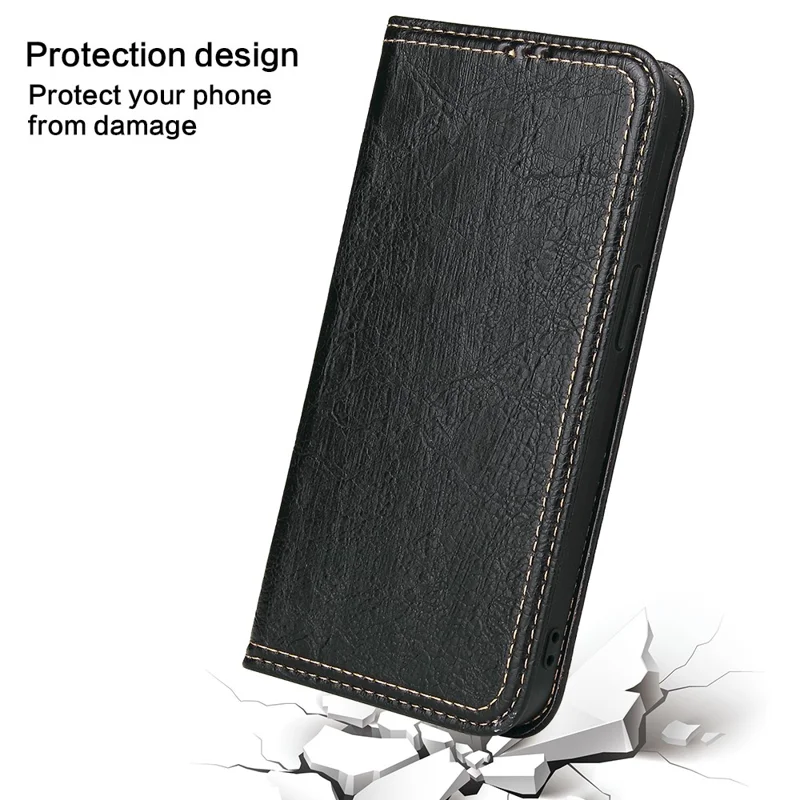 For iPhone 15 Case Anti-scratch Tree Texture PU Leather Stand Phone Cover Wallet - Black