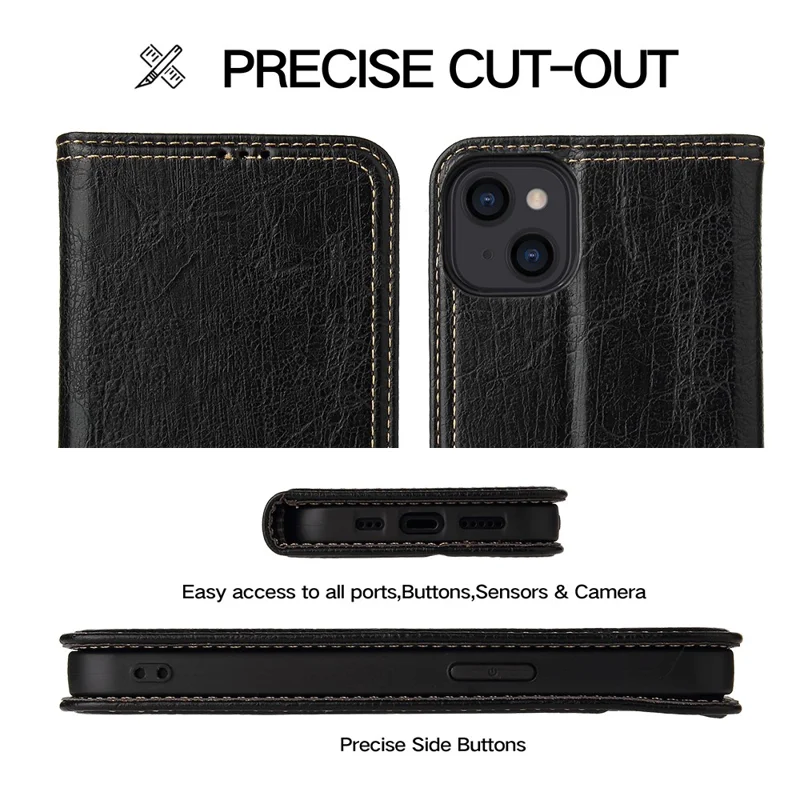 For iPhone 15 Case Anti-scratch Tree Texture PU Leather Stand Phone Cover Wallet - Black