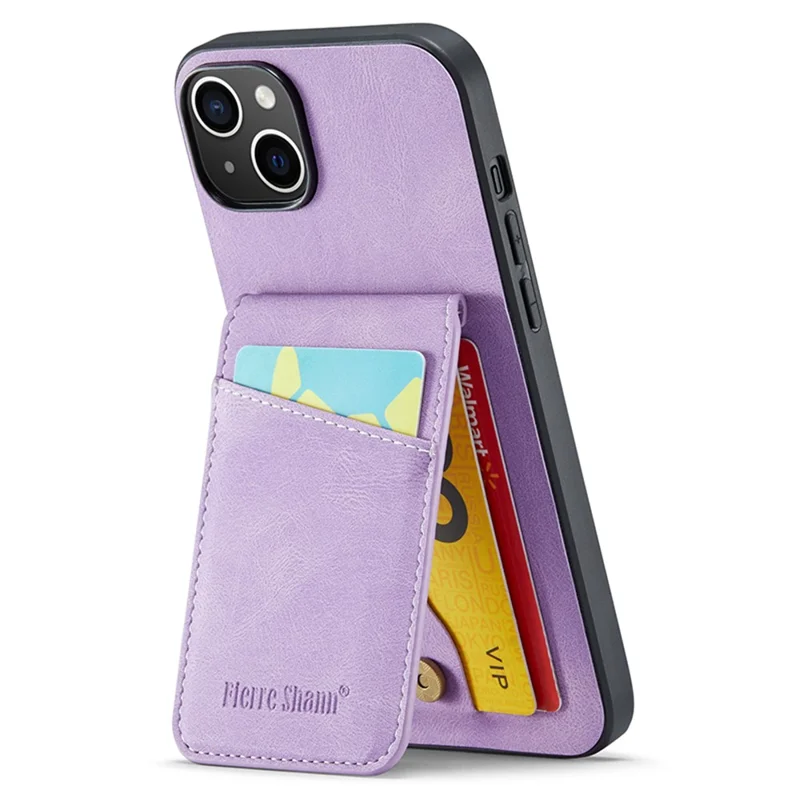 FIERRE SHANN For iPhone 15 Case Card Holder Drop Proof PU Leather+TPU Phone Cover - Blue - Purple