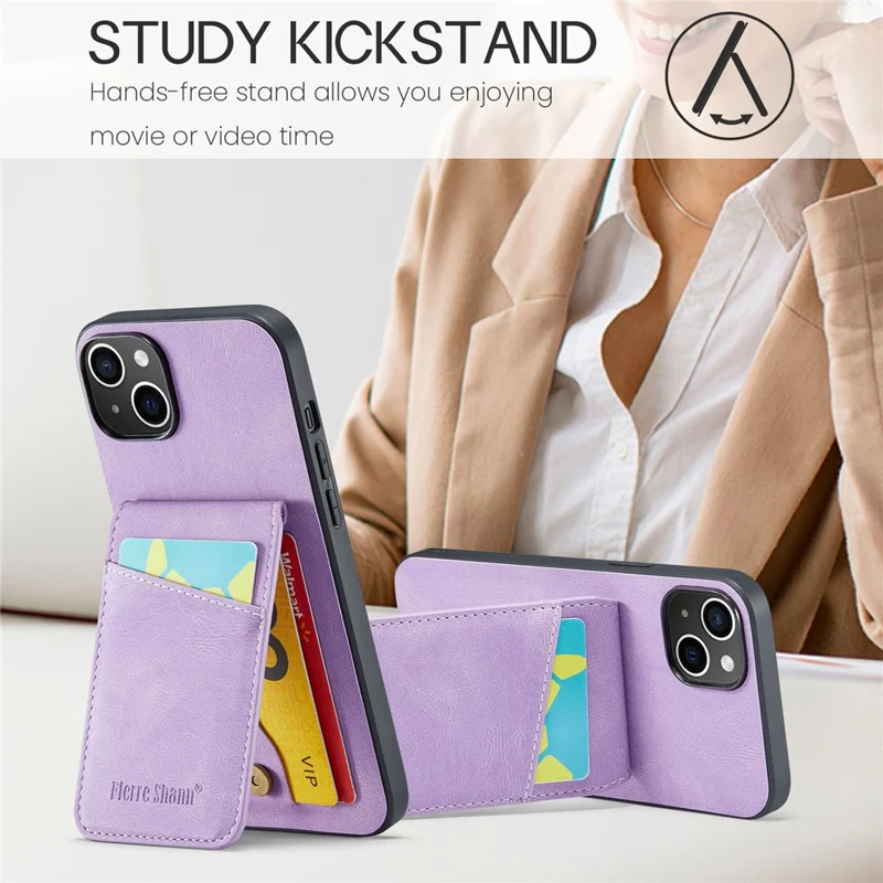 FIERRE SHANN For iPhone 15 Case Card Holder Drop Proof PU Leather+TPU Phone Cover - Blue - Purple