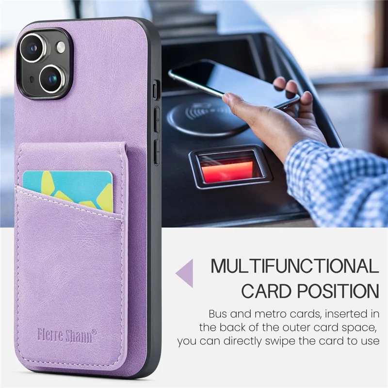 FIERRE SHANN For iPhone 15 Case Card Holder Drop Proof PU Leather+TPU Phone Cover - Blue - Purple
