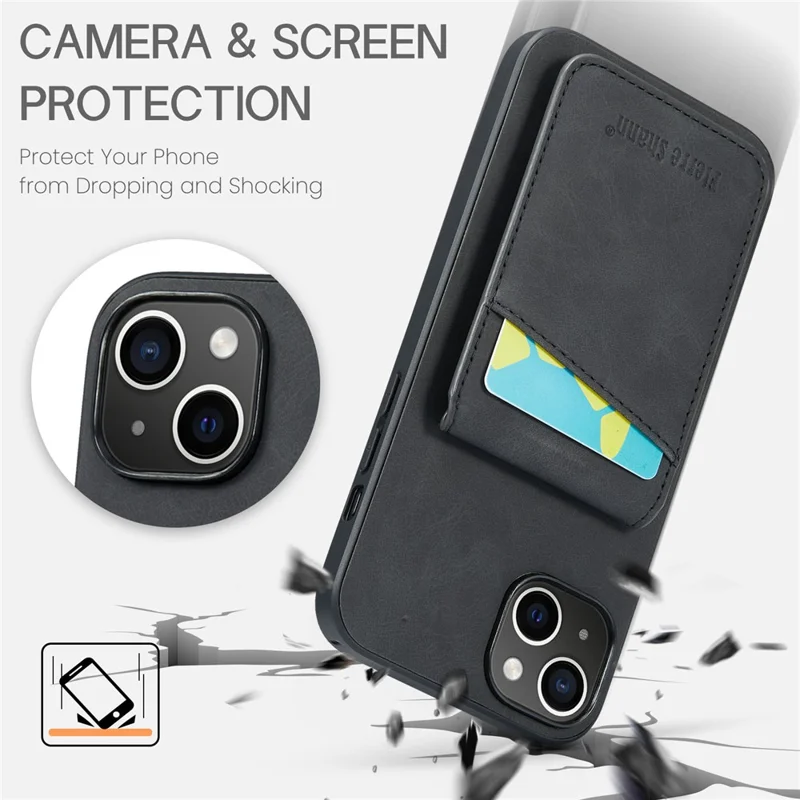 FIERRE SHANN til iPhone 15 Plus Cover RFID-blokerende kortlomme PU-læder+TPU telefonbeskytning - Sort