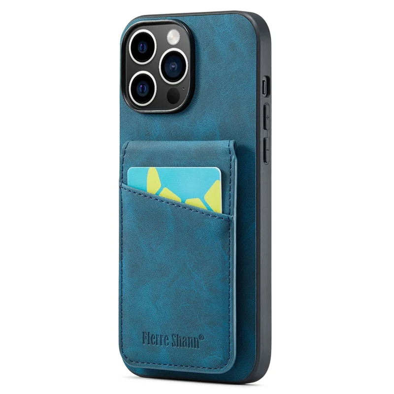 FIERRE SHANN For iPhone 15 Pro Max Case Card Holder Kickstand PU Leather+TPU Phone Cover - Blue