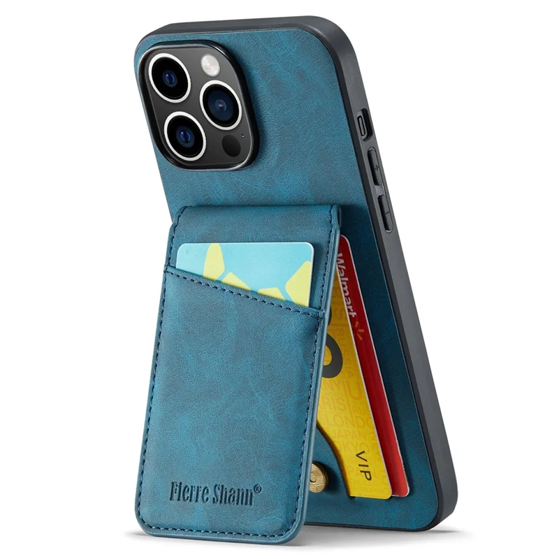 FIERRE SHANN For iPhone 15 Pro Max Case Card Holder Kickstand PU Leather+TPU Phone Cover - Blue