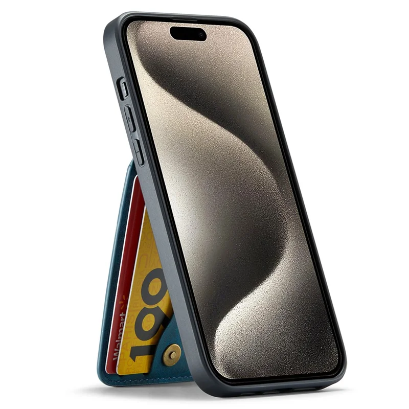 FIERRE SHANN For iPhone 15 Pro Max Case Card Holder Kickstand PU Leather+TPU Phone Cover - Blue