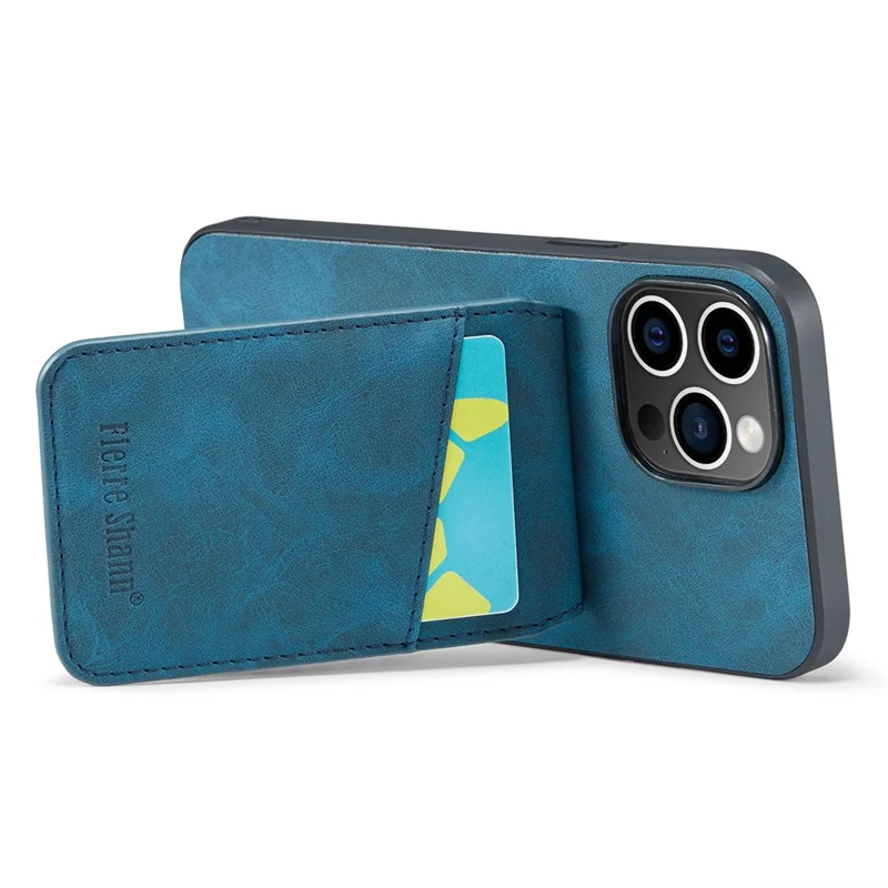 FIERRE SHANN For iPhone 15 Pro Max Case Card Holder Kickstand PU Leather+TPU Phone Cover - Blue