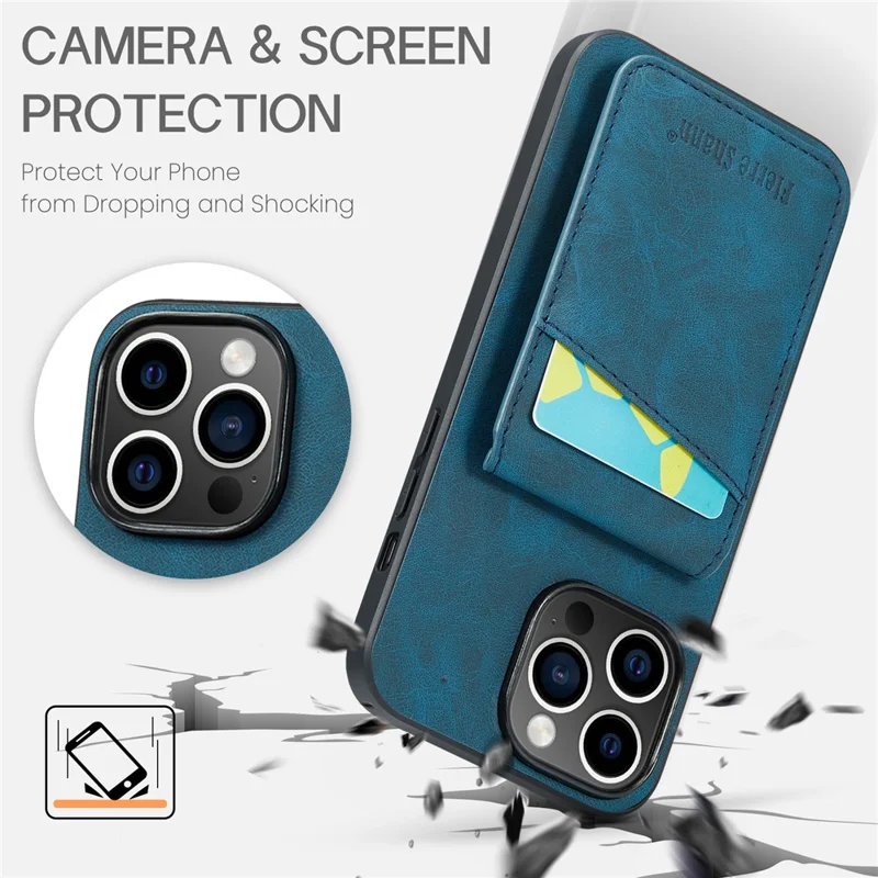 FIERRE SHANN For iPhone 15 Pro Max Case Card Holder Kickstand PU Leather+TPU Phone Cover - Blue