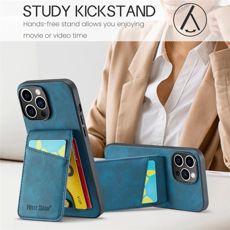 FIERRE SHANN For iPhone 15 Pro Max Case Card Holder Kickstand PU Leather+TPU Phone Cover - Blue