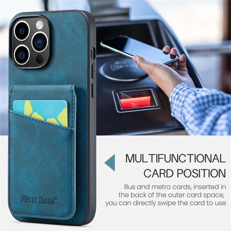FIERRE SHANN For iPhone 15 Pro Max Case Card Holder Kickstand PU Leather+TPU Phone Cover - Blue