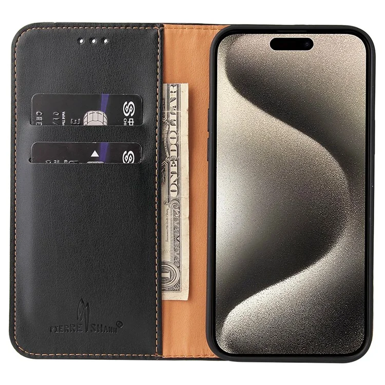 FIERRE SHANN Für iPhone 15 Pro Max Hülle Magnetischer automatischer Verschluss Strukturiertes PU-Leder Handyhülle - Schwarz