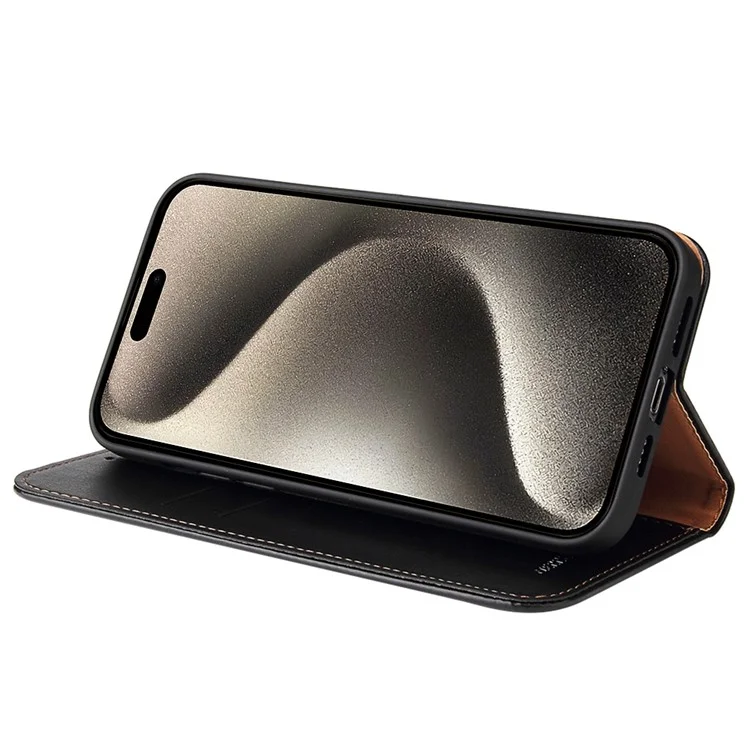FIERRE SHANN Für iPhone 15 Pro Max Hülle Magnetischer automatischer Verschluss Strukturiertes PU-Leder Handyhülle - Schwarz