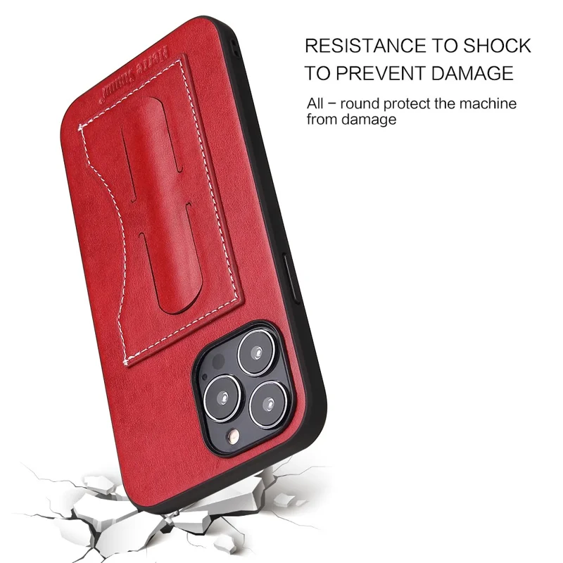FIERRE SHANN For iPhone 15 Pro Max Card Holder Case PU Leather+TPU+PC Kickstand Phone Cover - Red
