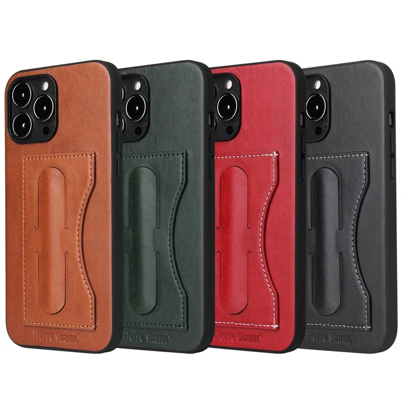 FIERRE SHANN For iPhone 15 Pro Max Card Holder Case PU Leather+TPU+PC Kickstand Phone Cover - Red