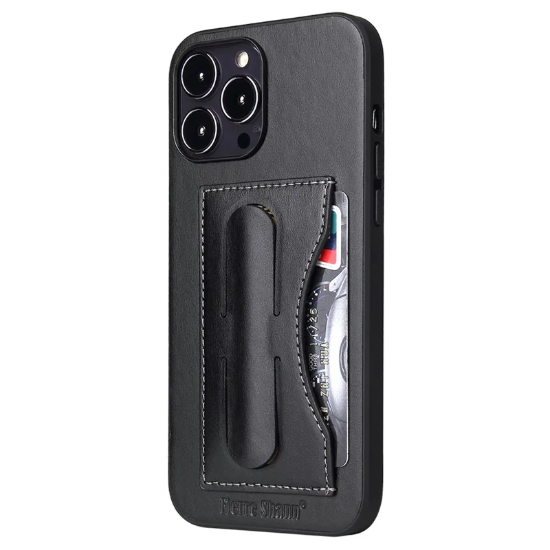 FIERRE SHANN For iPhone 15 Pro Kickstand Cover Card Holder PU Leather Coated Phone Cover - Black