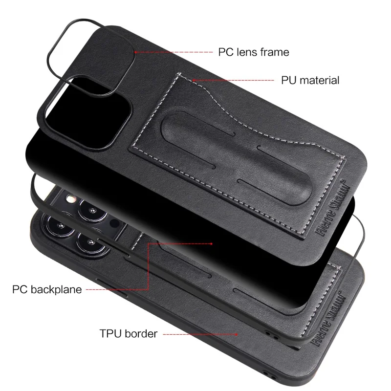 FIERRE SHANN For iPhone 15 Pro Kickstand Cover Card Holder PU Leather Coated Phone Cover - Black