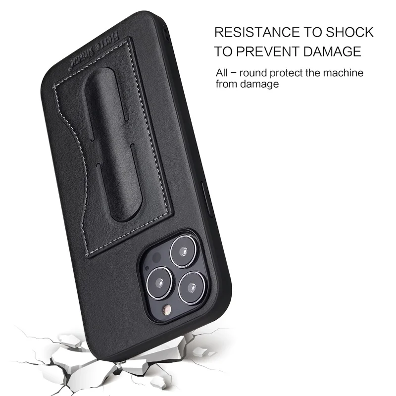 FIERRE SHANN For iPhone 15 Pro Kickstand Cover Card Holder PU Leather Coated Phone Cover - Black