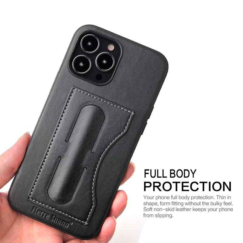 FIERRE SHANN For iPhone 15 Pro Kickstand Cover Card Holder PU Leather Coated Phone Cover - Black
