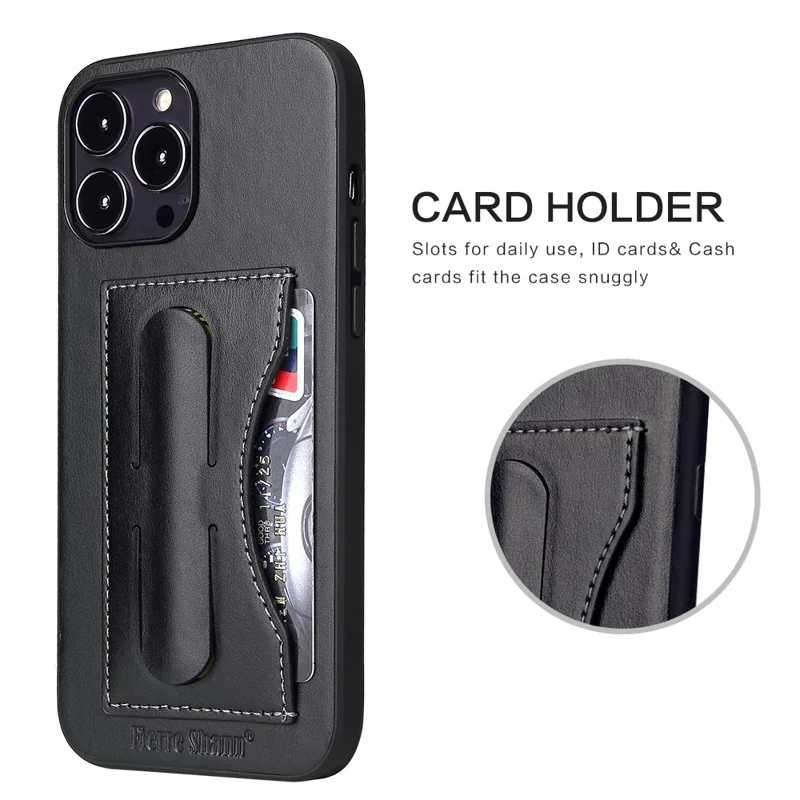 FIERRE SHANN For iPhone 15 Pro Kickstand Cover Card Holder PU Leather Coated Phone Cover - Black