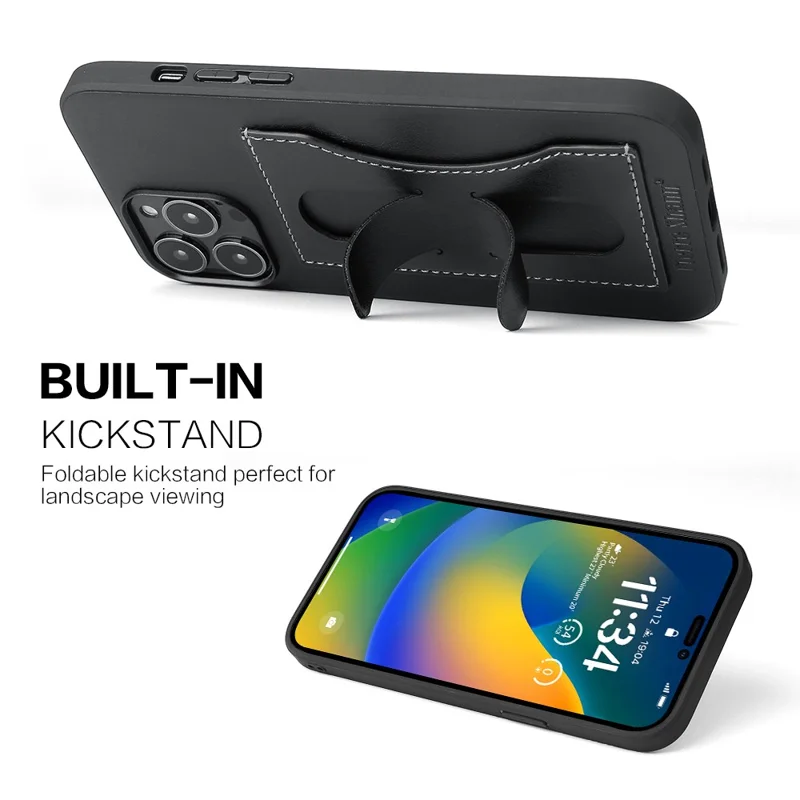 FIERRE SHANN For iPhone 15 Pro Kickstand Cover Card Holder PU Leather Coated Phone Cover - Black