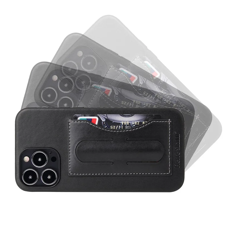 FIERRE SHANN For iPhone 15 Pro Kickstand Cover Card Holder PU Leather Coated Phone Cover - Black