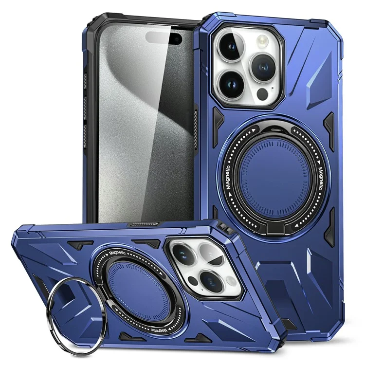 For iPhone 15 Pro Max TPU+PC Phone Case Rotatable Kickstand Protective Cover - Navy Blue