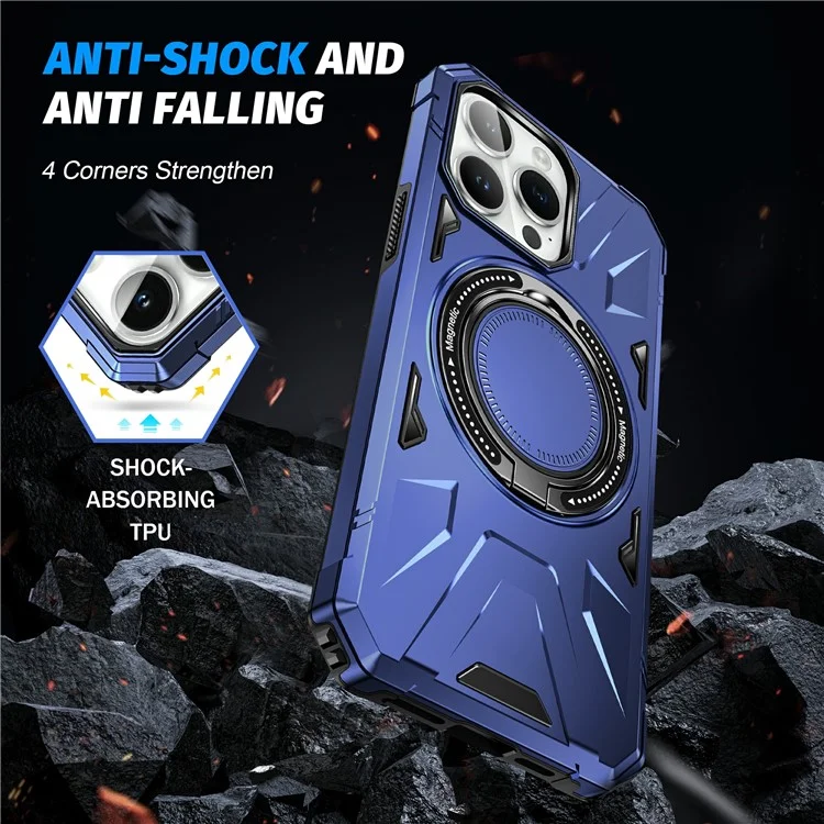 For iPhone 15 Pro Max TPU+PC Phone Case Rotatable Kickstand Protective Cover - Navy Blue