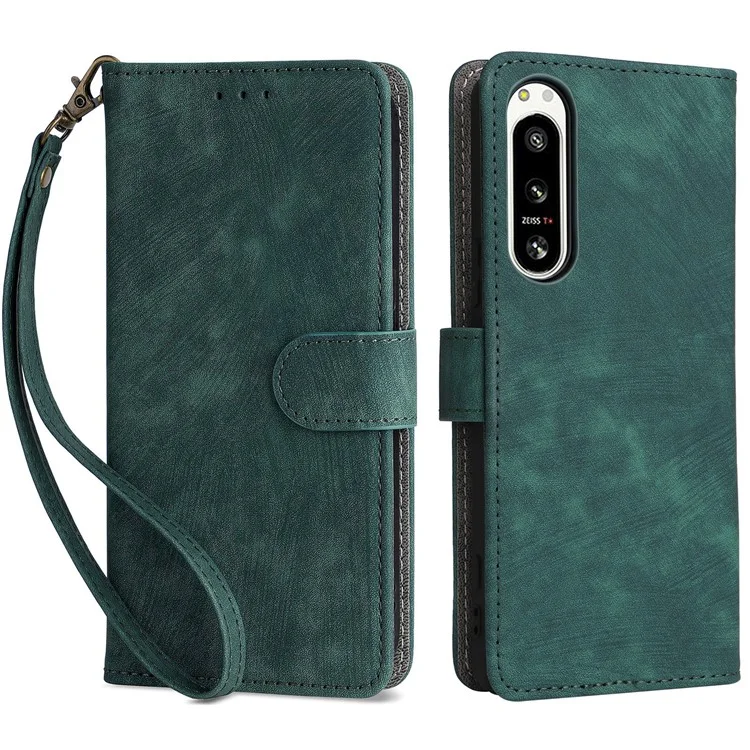 For Sony Xperia 5 IV 5G Case PU Leather Stand Phone Cover RFID Blocking Wallet with Strap - Green