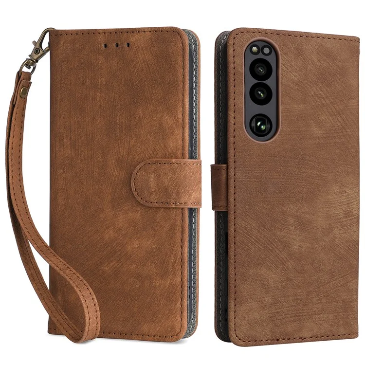 Para Sony Xperia 5 III 5G Case Slim-Fit PU Leather RFID Blocking Phone Cover com Alça - Marrom