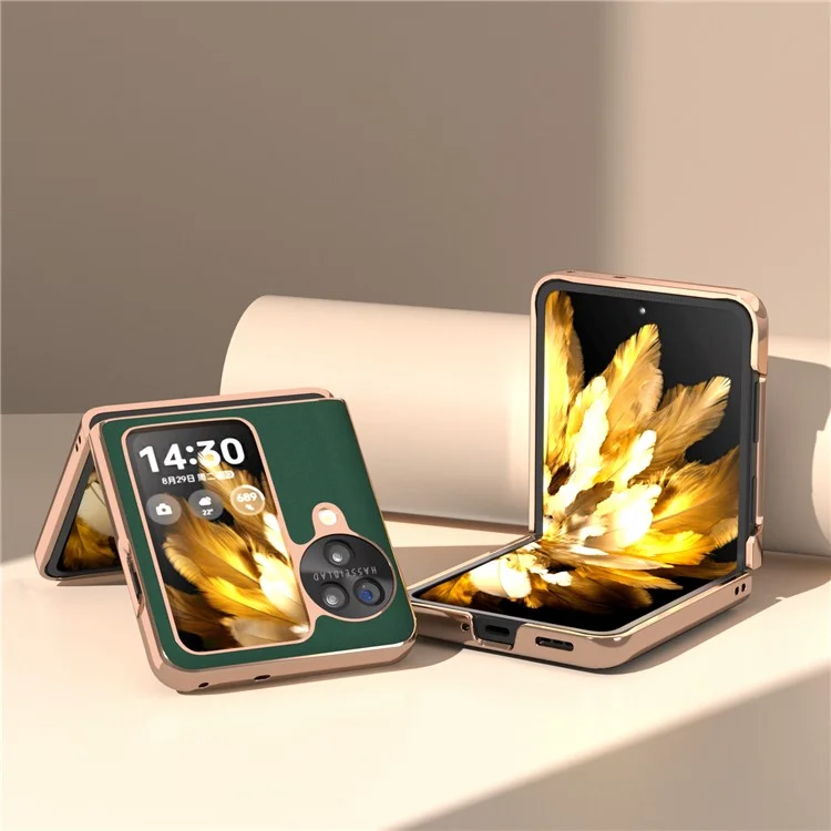 Для Oppo Find N3 Flip 5G Чехол из натуральной кожи КРС с покрытием из ПК - Зеленый