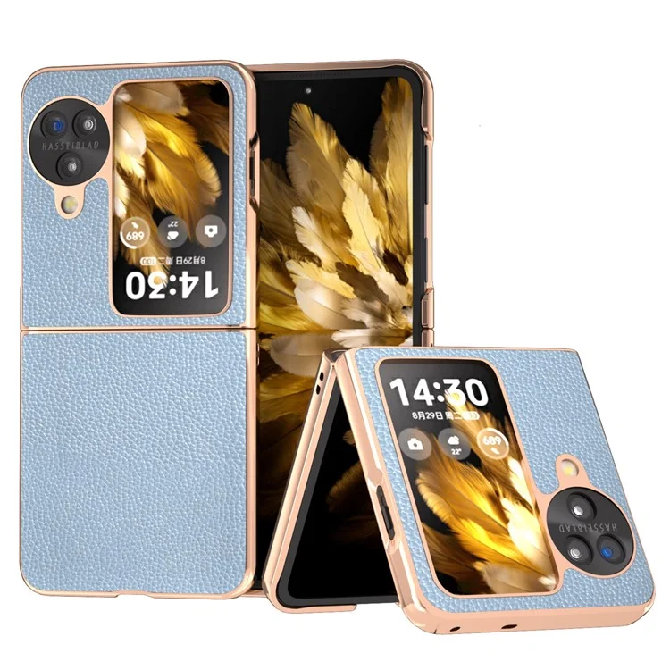 Para Oppo Find N3 Flip 5G Funda Genuina Piel de Vaca Revestida de PC Funda de Teléfono - Azul Bebé