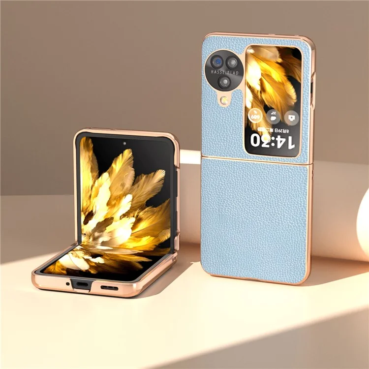 Para Oppo Find N3 Flip 5G Funda Genuina Piel de Vaca Revestida de PC Funda de Teléfono - Azul Bebé