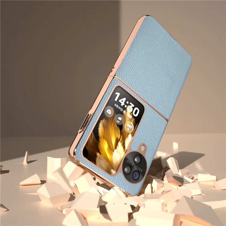 Para Oppo Find N3 Flip 5G Funda Genuina Piel de Vaca Revestida de PC Funda de Teléfono - Azul Bebé