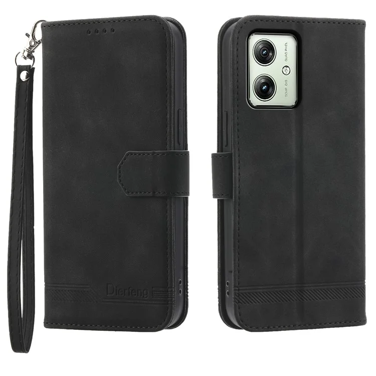 DIERFENG DF-03 Funda para Motorola Moto G54 5G, funda de teléfono de piel sintética con soporte plegable - Negro