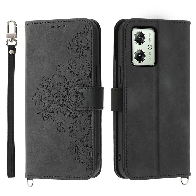 For Motorola Moto G54 5G Case Stand Wallet Phone Cover with Hand Strap + Shoulder Strap - Black