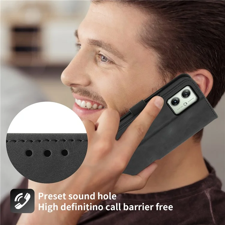 For Motorola Moto G54 5G Case Stand Wallet Phone Cover with Hand Strap + Shoulder Strap - Black